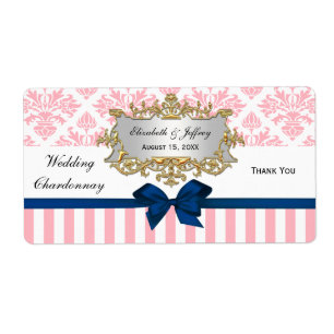 Pink White Stripe Damask Navy Blu Party Wine Label