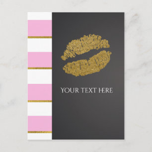 Pink & White Stripe Faux Gold Shimmer Lips Event Postcard