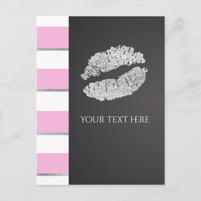 Pink & White Stripe Faux Silver Shimmer Lips Event Postcard (Front)
