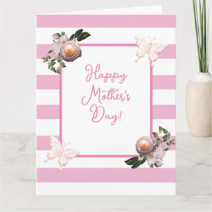 Pink & White Stripe Floral Pearl Mother's Day Card
