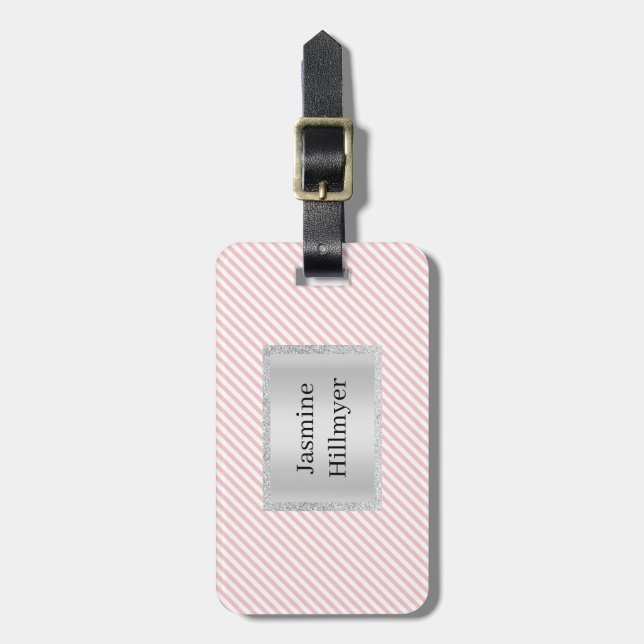 PINK WHITE STRIPE GLITTER CUSTOM LUGGAGE TAG (Front Vertical)