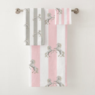 Pink & White Stripe Horse  Bathroom Towel Sets