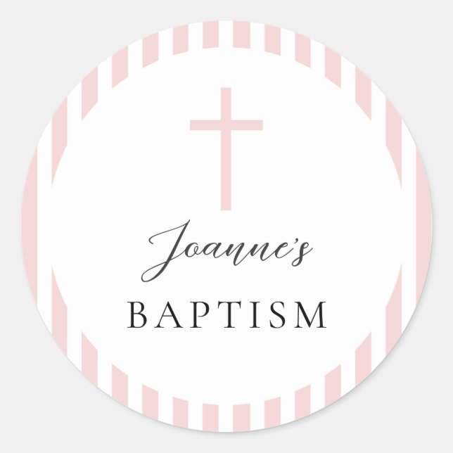Pink White Striped Girl Baptism Classic Round Sticker (Front)