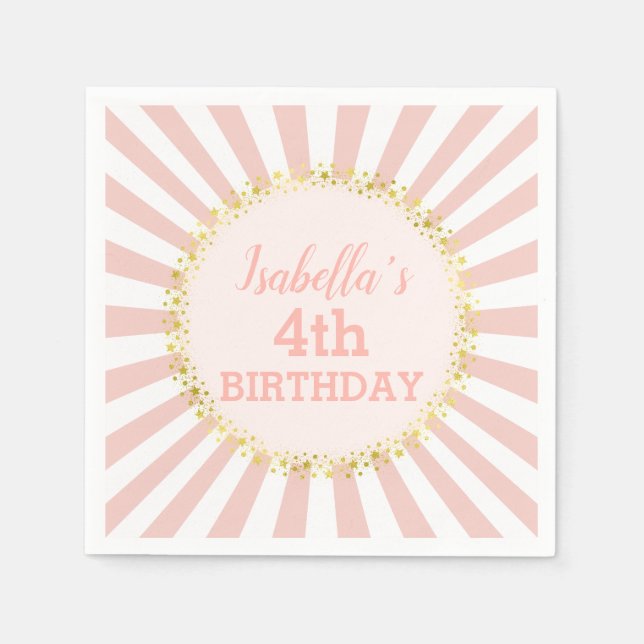 Pink White Striped Gold Glitter Confetti Birthday Napkin (Front)