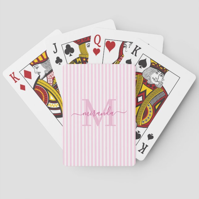Pink & White Striped Monogram Name Playing Cards (Back)