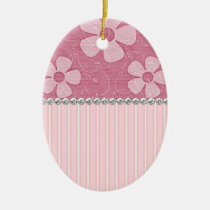 Pink White Stripes and Flowers Ceramic Egg Shape Ornament