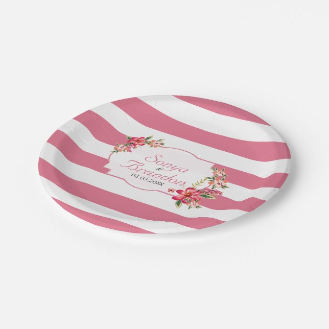 Pink White Stripes And Flowers Paper Plate (Angled)