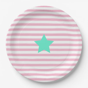 Pink & white stripes and teal star - Paper Plates
