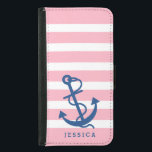 Pink & White Stripes Blue Nautical Boat Anchor Samsung Galaxy S5 Wallet Case<br><div class="desc">White and light pink stripes pattern with navy blue nautical boat anchor illustration. Customizable monogram. Adjustable anchor size.</div>