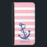 Pink & White Stripes Blue Nautical Boat Anchor Samsung Galaxy S5 Wallet Case<br><div class="desc">White and light pink stripes pattern with navy blue nautical boat anchor illustration. Customizable monogram. Adjustable anchor size.</div>