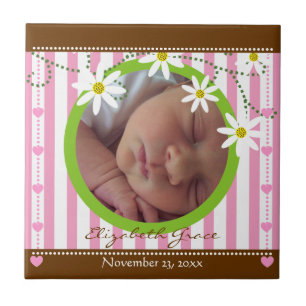 Pink white stripes & daisies baby's girl keepsake tile