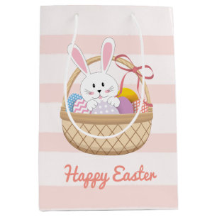 Pink & White Stripes Easter Bunny In Basket Kid's Medium Gift Bag