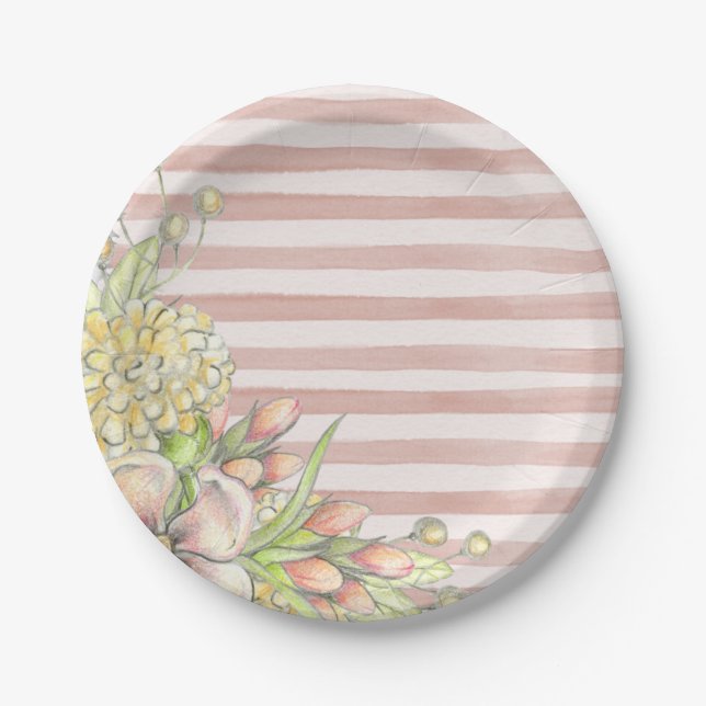 Pink & White Stripes Floral Paper Plate (Front)