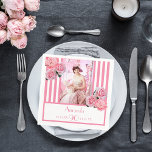 Pink white stripes floral photo 90th birthday napkin<br><div class="desc">Elegant, classic, glamorous, fun and feminine style napkin for a 90th birthday party. Classic and chic slim pink and white vertical stripes. Decorated with pink flowers, peonies and roses. White background. Templates for a name, age 90, date of birth and the date of the anniversary. Template for your vertical sized...</div>