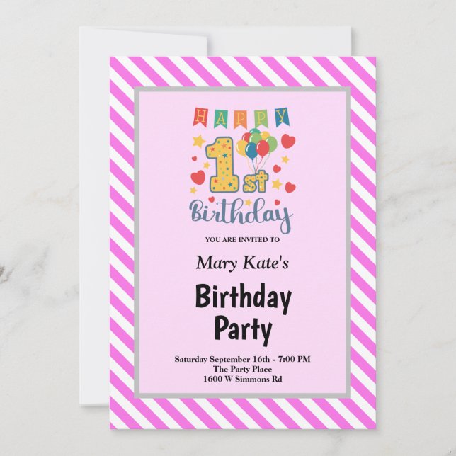 Pink/White Stripes Framed 1st Birthday Party Invitation (Front)