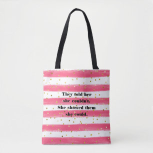 Pink, White, Stripes, Gold Confetti Tote Bag