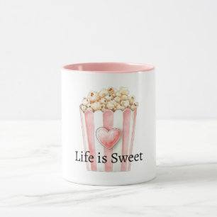 Pink White Stripes Heart Popcorn Life is Sweet Mug