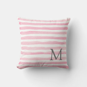 Pink & White Stripes Monogram Throw Pillow