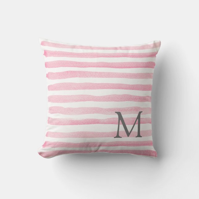 Pink & White Stripes  Monogram Throw Pillow (Front)