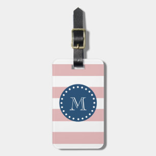 Pink White Stripes Pattern, Navy Blue Monogram Luggage Tag