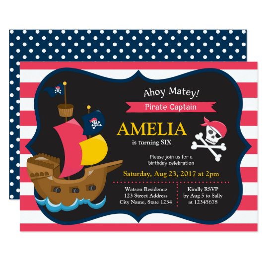 Pink White Stripes Pirate Ship Birthday Invitation