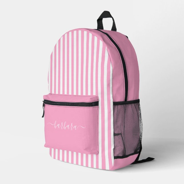 Pink White Stripes Printed Backpack (Back Corner Right)