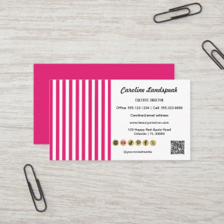 Pink White Stripes, QR Code & Social Media Icon Business Card