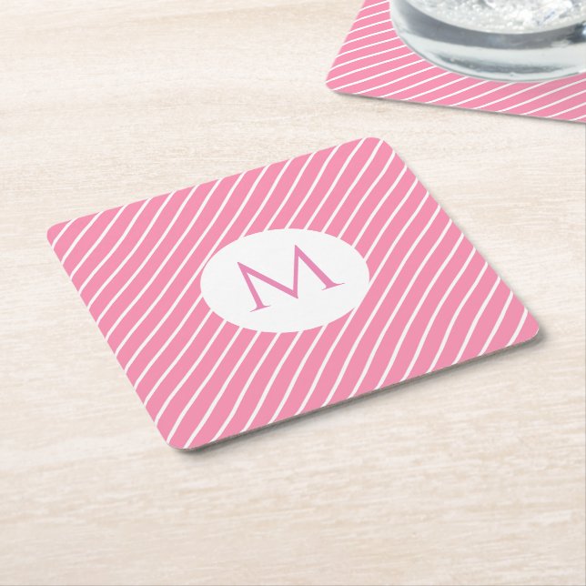 Pink White Stripes Trendy Monogram Modern Template Square Paper Coaster (Angled)