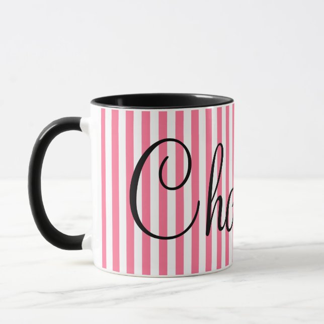 Pink White Stripes with Custom Name Mug (Left)