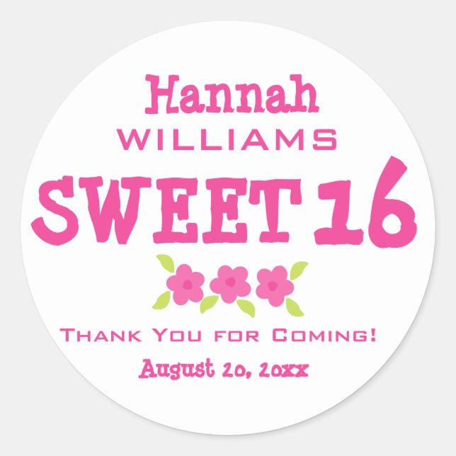 Pink & White Sweet 16 Thank You Personalized Classic Round Sticker (Front)