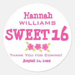 Pink & White Sweet 16 Thank You Personalized Classic Round Sticker