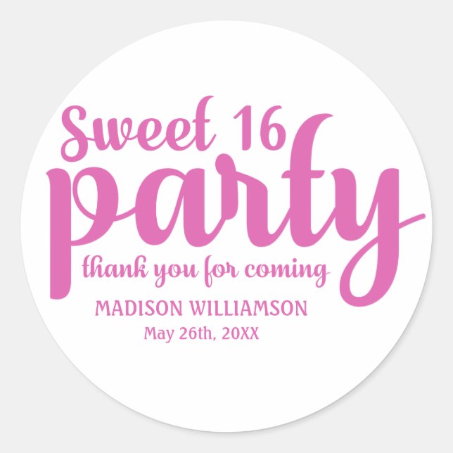 Pink & White Sweet 16 Thank You Personalized Classic Round Sticker (Front)