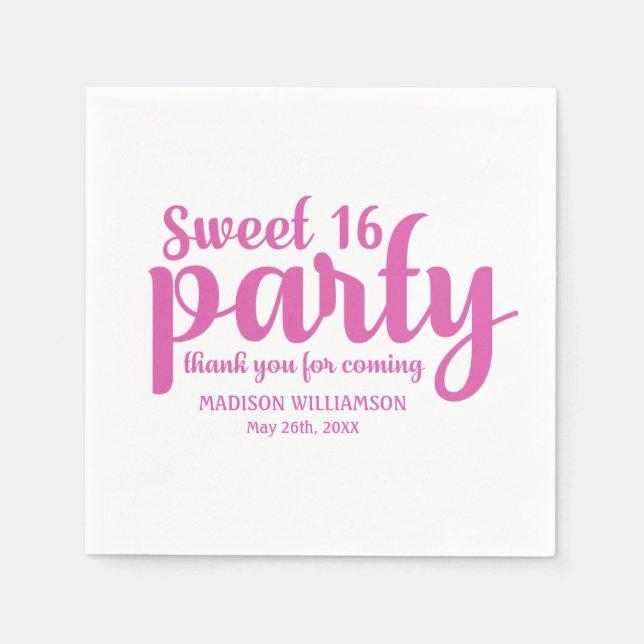Pink & White Sweet 16 Thank You Personalized Napkin (Front)