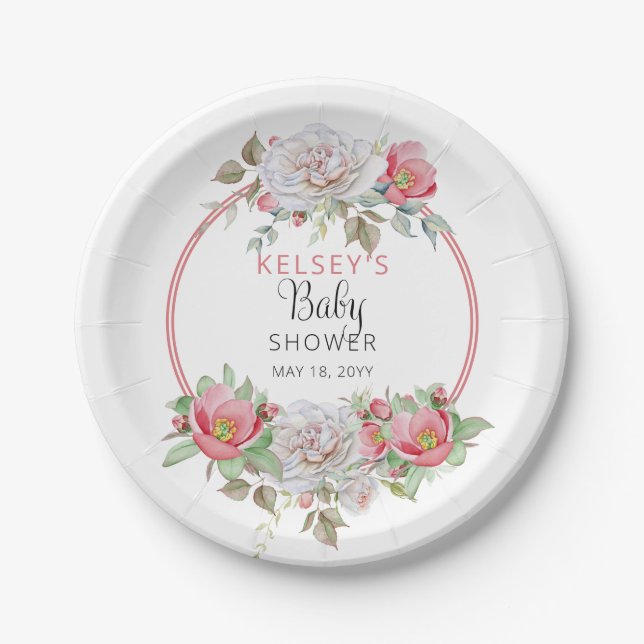 Pink | White Sweet Floral Blooms Girl Baby Shower Paper Plate (Front)