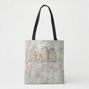 Pink White teal tote bag Pretty  bird