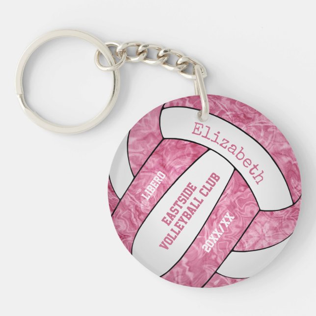 Pink white team colours girls sports volleyball keychain (Front)