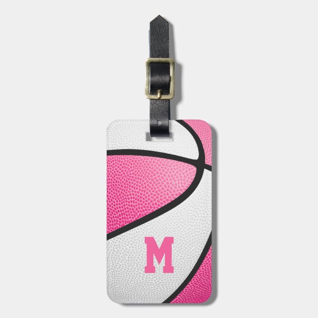 pink white team colours personalized basketball luggage tag (Front Vertical)