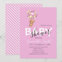 Pink White teddy party invitation