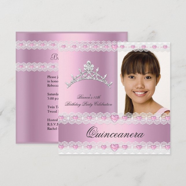 Pink White Tiara Quinceanera 15 Birthday Party Invitation (Front/Back)