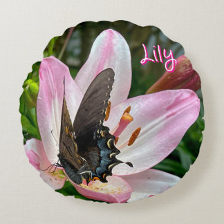 Pink White Tiger Lilly Flower Blue Butterfly Name Round Pillow