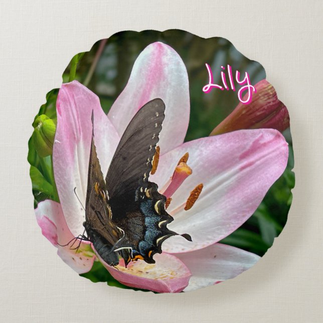 Pink White Tiger Lilly Flower Blue Butterfly Name Round Pillow (Front)
