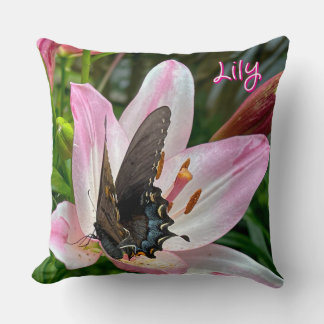 Pink White Tiger Lilly Flower Blue Butterfly Name Throw Pillow