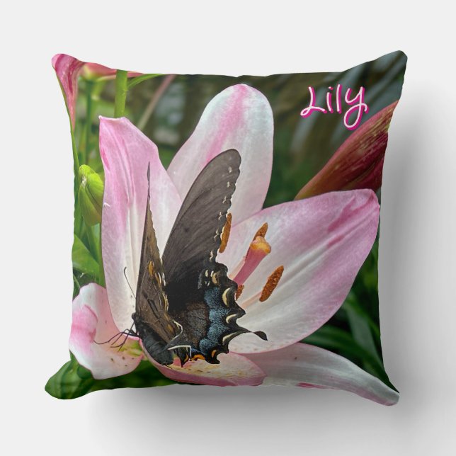 Pink White Tiger Lilly Flower Blue Butterfly Name Throw Pillow (Front)