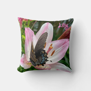 Pink White Tiger Lilly Flower Blue Butterfly Name Throw Pillow