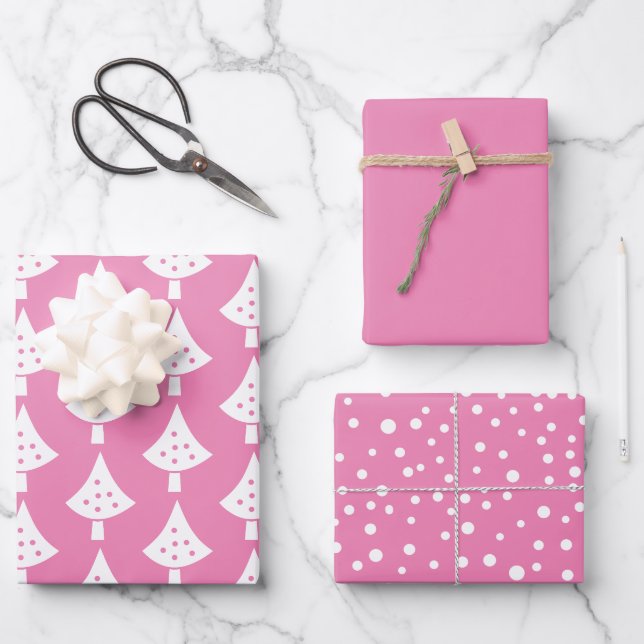 Pink white trees snowflakes and wishes Christmas Wrapping Paper Sheet (Front)