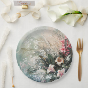 Pink White Tropical Floral Wedding Paper Plate
