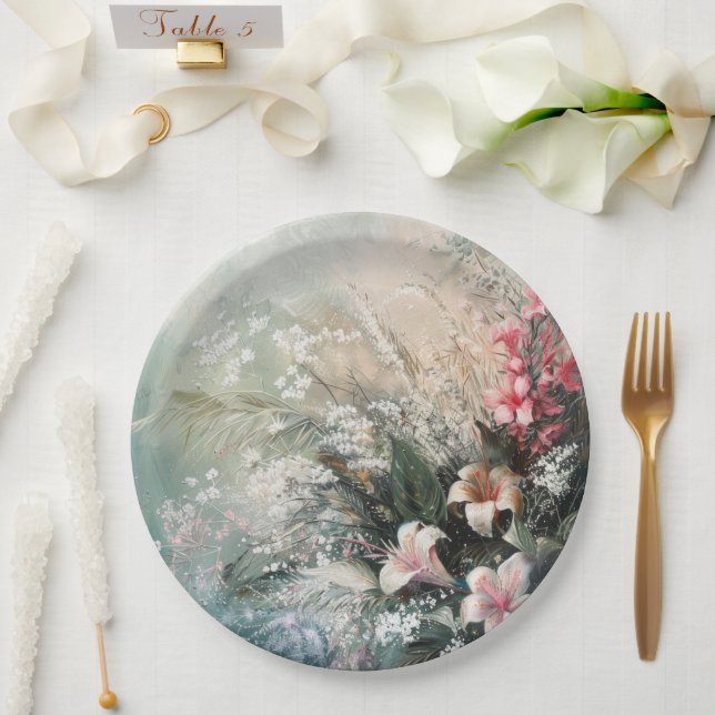 Pink White Tropical Floral Wedding Paper Plate (Wedding)