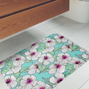 Pink & White Tropical Hibiscus Floral Pattern Bath Mat
