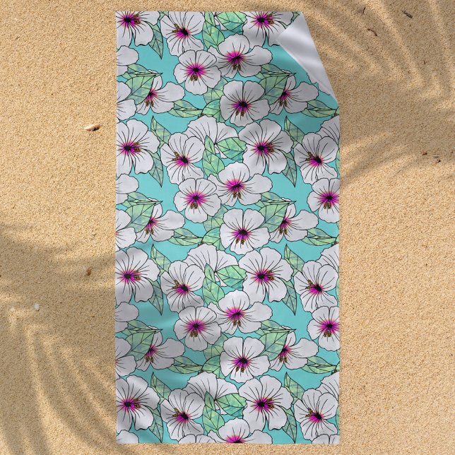 Pink & White Tropical Hibiscus Floral Pattern Beach Towel (Tropical Vibes Hibiscus Pattern Beach Towel)