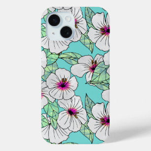 Pink & White Tropical Hibiscus Floral Pattern iPhone 15 Case